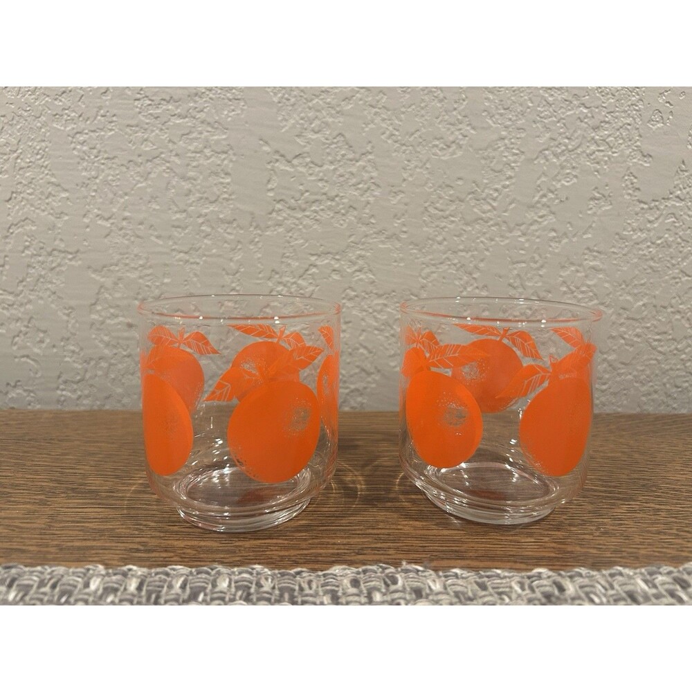 Vintage Juice Glasses Set Of 2 Orange Print 3.25" Tall 3" Diameter